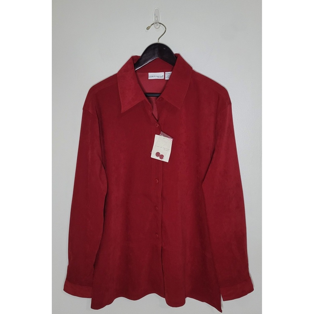NWT Croft & Barrow Faux Suede Top Blouse Red Button Front Valentine Career XL